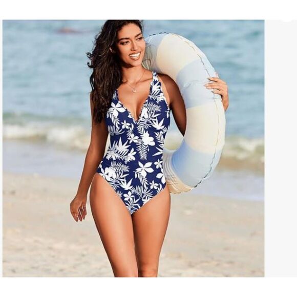 Other - Ai'Mage NWT Blue White One Piece Swimsuit XL Criss Cross Back Adjustable Straps